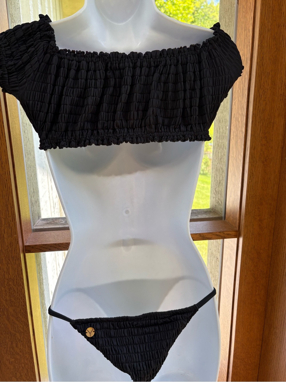 Triya Black Ruffle Rouched Black String Bikini Convertible Peasant Top Tube P XS